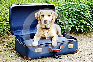 A travel enthusiast canine perched on a suitcase, exuding the joys of holiday escapades. photo