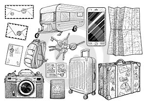 Travel equipment collection, illustration, drawing, engraving, ink, line art, vector