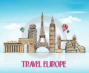 Travel Europe Hand Drawing with Famous Landmarks