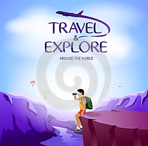 Travel and Explore Around The World with Man Traveler Sitting on The Cliff