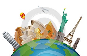 Travel famous monuments. Journey concept of world countries. Composition with famous landmarks objects. Time to travel