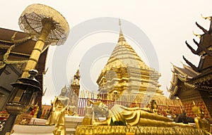 Travel famous temple in Chiang Mai, Thailand. Wat Phra That Doi Suthep with golden pagoda