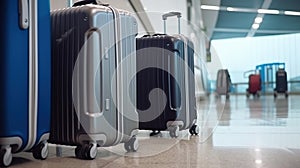 Travel Fashion. Closeup Shot of Plastic Suitcases Standing At Empty Airport Corridor,