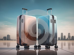 Travel Fashion. Closeup Shot Of Two Plastic Suitcases Standing At Empty Airport Corridor, Stylish Luggage Bags Waiting