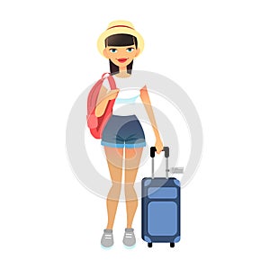 Travel female tourist standing with luggage. Young flat woman wearing casual clothes with baggage at airport. cute lady