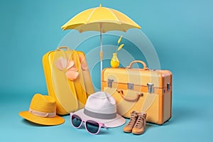 travel flamingo vacation concept suitcase yellow summer sea background blue sunglasses. Generative AI.