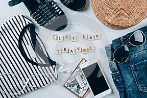 Travel flat lay. Spring and summer women`s clothing and accessories. Vacation, travel concept