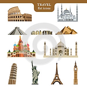 Travel flat vector icons set