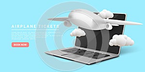 Travel and flight ticket advertising template with airplane. Concept web banner time to travel. Vector illustration