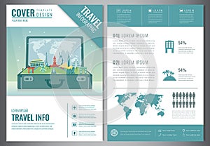 Travel flyer design with famous world landmarks. Brochure headline for Travel and Tourism. Vector