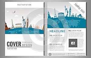 Travel flyer design with famous world landmarks. Brochure headline for Travel and Tourism. Vector.