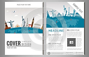 Travel flyer design with famous world landmarks. Brochure headline for Travel and Tourism. Vector. Modern flat design.