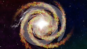 Travel Flying to Rotating Spiral gold and red Galaxy Space Floating Space Background. Deep space exploration. travel near big in