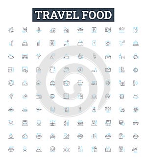 Travel food vector line icons set. Voyage, Cuisine, Meal, Taste, Delicacy, Snack, Portable illustration outline concept