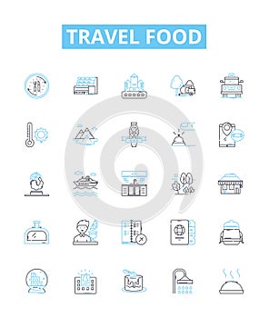 Travel food vector line icons set. Voyage, Cuisine, Meal, Taste, Delicacy, Snack, Portable illustration outline concept