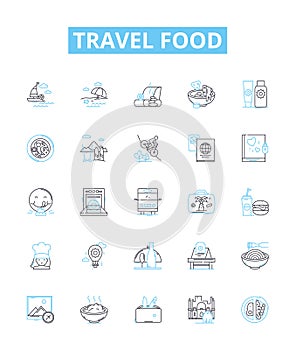 Travel food vector line icons set. Voyage, Cuisine, Meal, Taste, Delicacy, Snack, Portable illustration outline concept