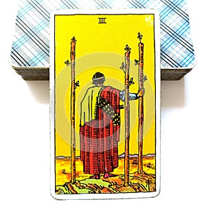 3 Three of Wands Tarot Card Travel Foreign Lands Growth Moving Forward with Plans Looking to the Future Good Fortune photo