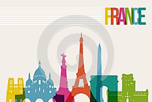 Viajar a Francia famosos horizonte multicolor diseño de fondo.