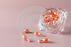 Travel-friendly serum capsules with rejuvination formula for healthy skin. Anti-aging cosmetics.