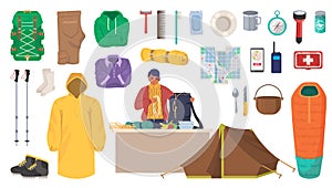 Travel gear and equipment. Hiking and trekking essentials, flat vector isolated illustration.