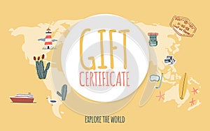Travel gift certificate. Hand drawn doodle style. Explore the world. Voucher template, banner, shop coupon, flyer etc