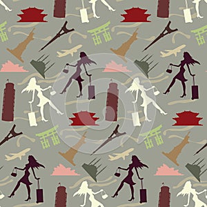 Travel girl seamless pattern in vintage colors