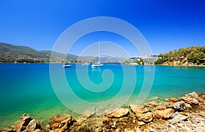 Travel Greece. Spectacular view on one of the most beautiful beaches in Poros Island. Summer holiday