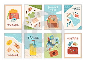 Travel greeting cards. Cute kid summer photo frame for album or booklet, cover for poster or party booth. Tourist