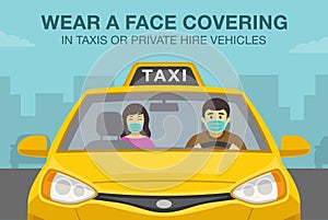 Travel guidance for passengers and drivers. Wear a face covering, masks in taxi or private hire vehicles warning design.