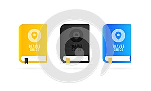 Travel guide book icon set. World map and pin in cover. Flat vector illustration