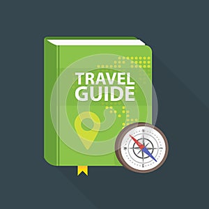 Travel guide book icon. World map and pin in cover. Flat illustration