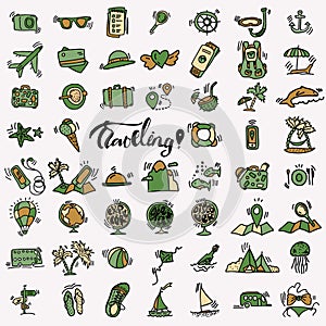 Travel hand draw icons. Icon lined cartoon collection about adventure, outdoor activities, beach, summer, travelling