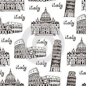 Travel hand drawn seamless pattern with famous places of Rome, Vatican, Italy