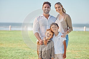 Travel, happy family and beach portrait while on vacation in Florida, relax and bonding outdoors together. Love, kids