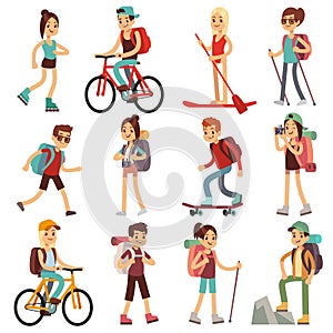 Travel happy people hiking outdoor actives. Vector flat characters set