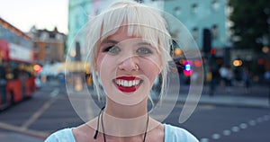 Travel, happy and portrait of a woman in the city, urban holiday and happiness in London. Traffic street, smile and face