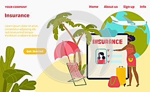 Travel health insurance form online service protection web landing page template, vector illustration. Vacation