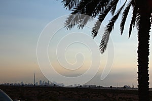 Travel holiday Dubai skyline burj khalifa airplane skylne sky date palm tree silhouette