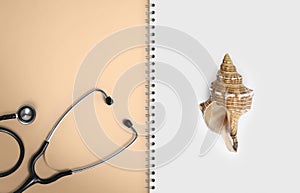 Travel and holiday medical insurance, paper notebook pages with stethoscope, and seashell isolated on white, copy space blank