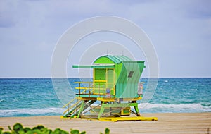 Travel holiday ocean location concept. Miami Beach Lifeguard Stand in the Florida sunshine.