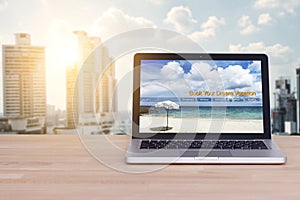 Travel, holiday , vacation planning concept. laptop with website