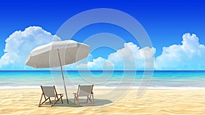 Travel, holidays, resort. Beach chair and umbrella on sand beach.