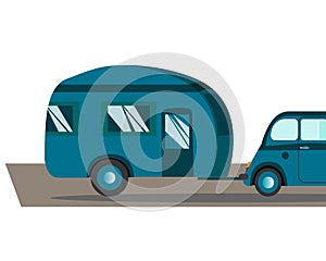 Travel in a house on wheels. Blue retro car with camping ride on a trip, vector.