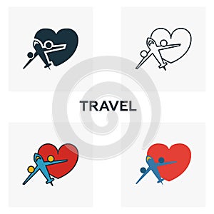Travel icon set. Four elements in diferent styles from honeymoon icons collection. Creative travel icons filled, outline, colored