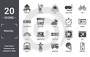 travel icon set. include creative elements as bungalow, bike, stopclock, train ticket, christ, shell filled icons can be used for