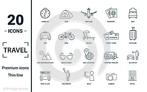 Travel icon set. Include creative elements compass, aircraft, taxi, credit card, sun and mountains icons. Can be used for report,