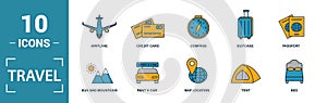 Travel icon set. Include creative elements compass, aircraft, taxi, credit card, sun and mountains icons. Can be used for report,
