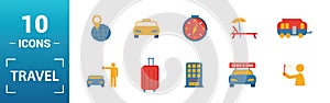 Travel icon set. Include creative elements compass, aircraft, taxi, credit card, sun and mountains icons. Can be used for report,