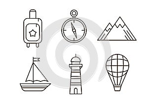 Travel icon set. Line collection of sign with tourism symbols. Outline vector illustation