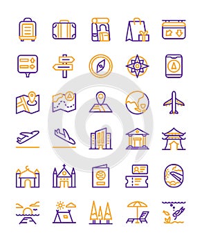 Travel icon set suitcase airplane hotel beach restaurant backpack sunset summer hiking with outline style flat design